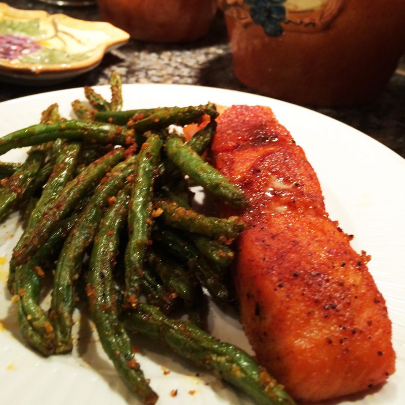 Salmon with Roasted Parmesan Encrusted Fresh Green Beans